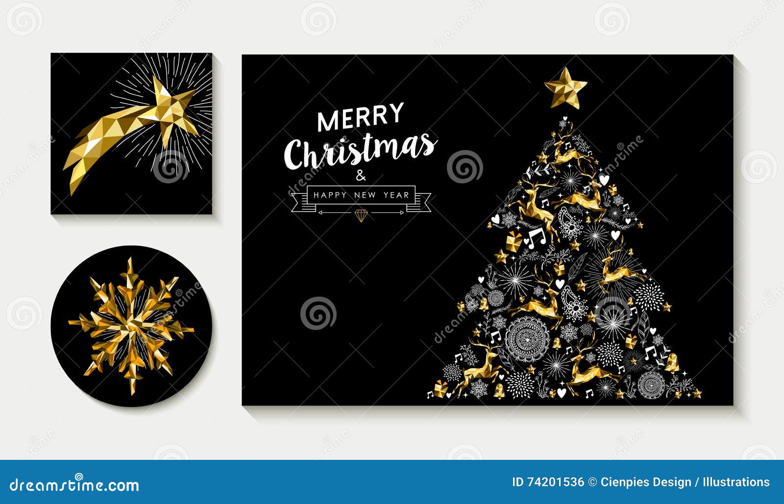 Download Gold Christmas Pine Tree Card Design Template Set Stock Vector Illustration of poly