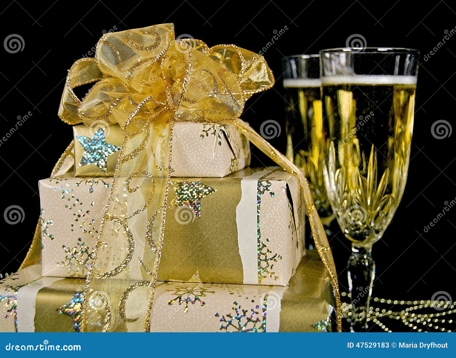 Gold Christmas Presents with Champagne Stock Image - Image of present ...