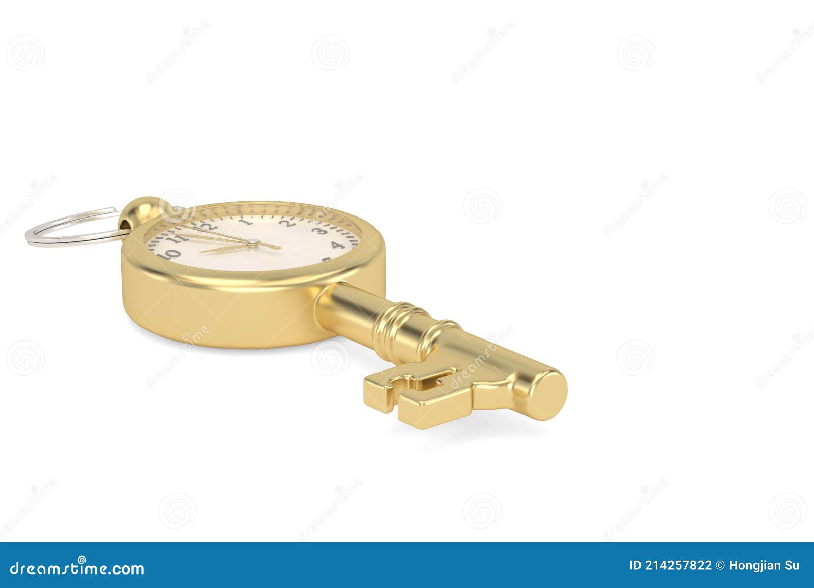 Gold Clock Key Isolated on White Background, 3D Rendering. 3D Illustration Stock Illustration