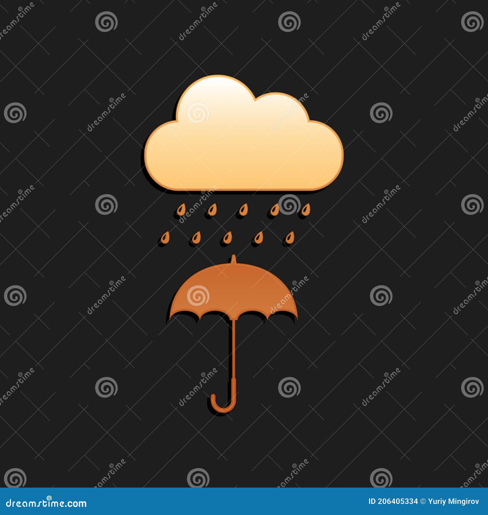 Gold Cloud with Rain Drop on Umbrella Icon Isolated on Black Background