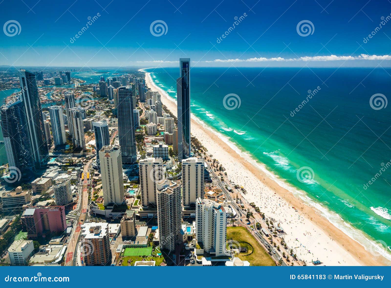 GOLD COAST, AUS - OCT 04 2015: Aerial view of the Gold Coast in Queensland Australia looking from Surfers Paradise north towards Brisbane.