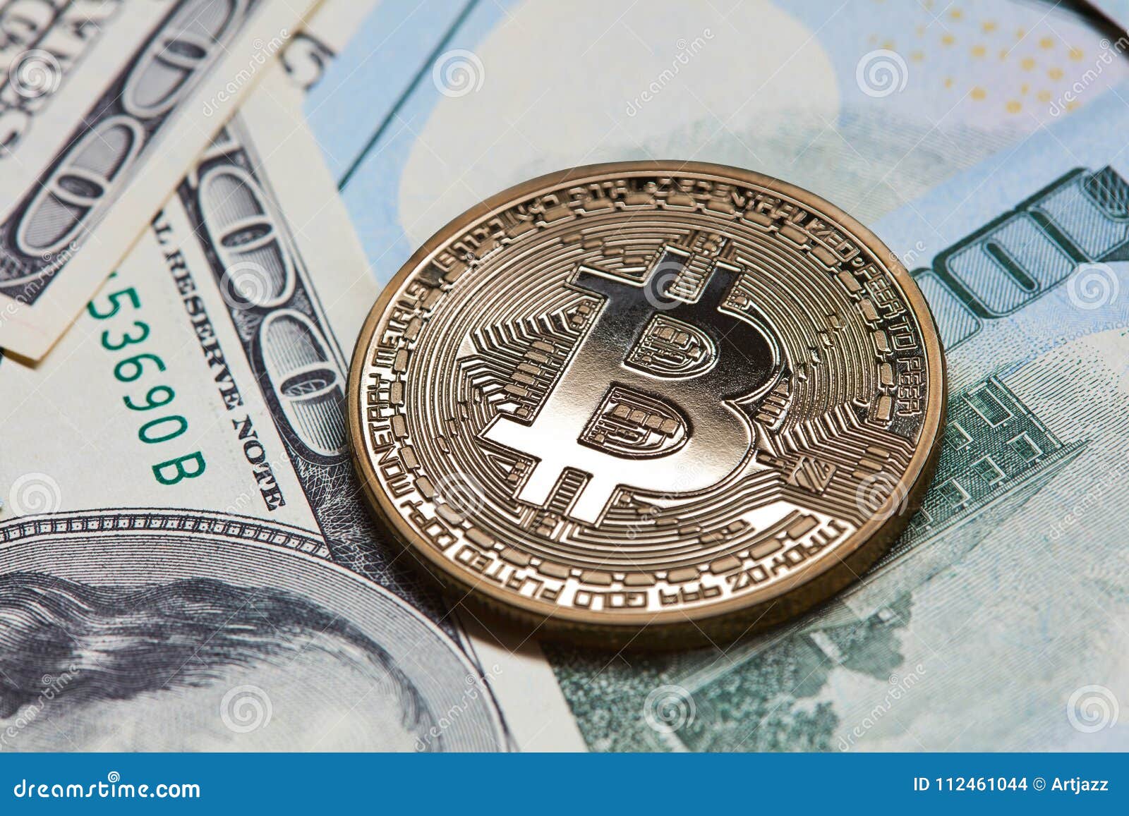 Gold Coin Bitcoin On Dollar Bills Background Stock Photo Image Of - 