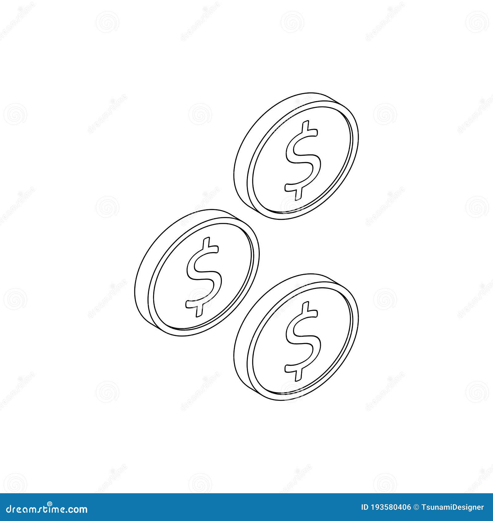 gold coin falling right view black outline icon  isometric