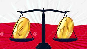 Gold Coin Of Polish Zloty PLN And Euro EUR On Scales And Colored Flag 