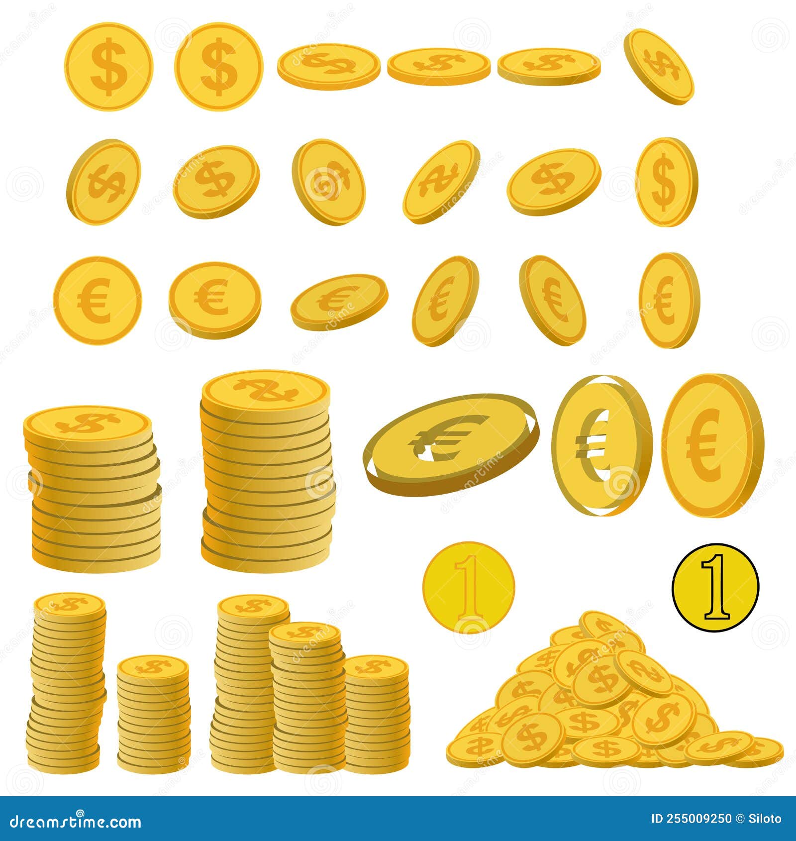 gold coins, golden dollar coins, money pile, stacked cash. casino bonus, profits and income earnings