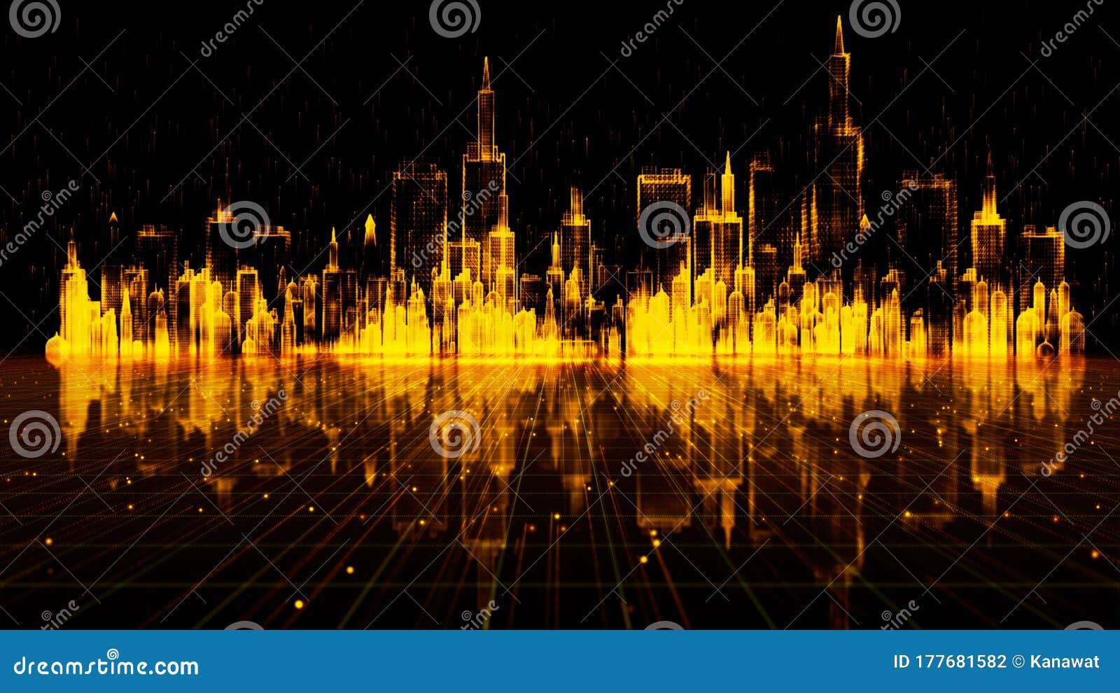 gold color digital city, digital cyberspace with particles, technology data network connections concept