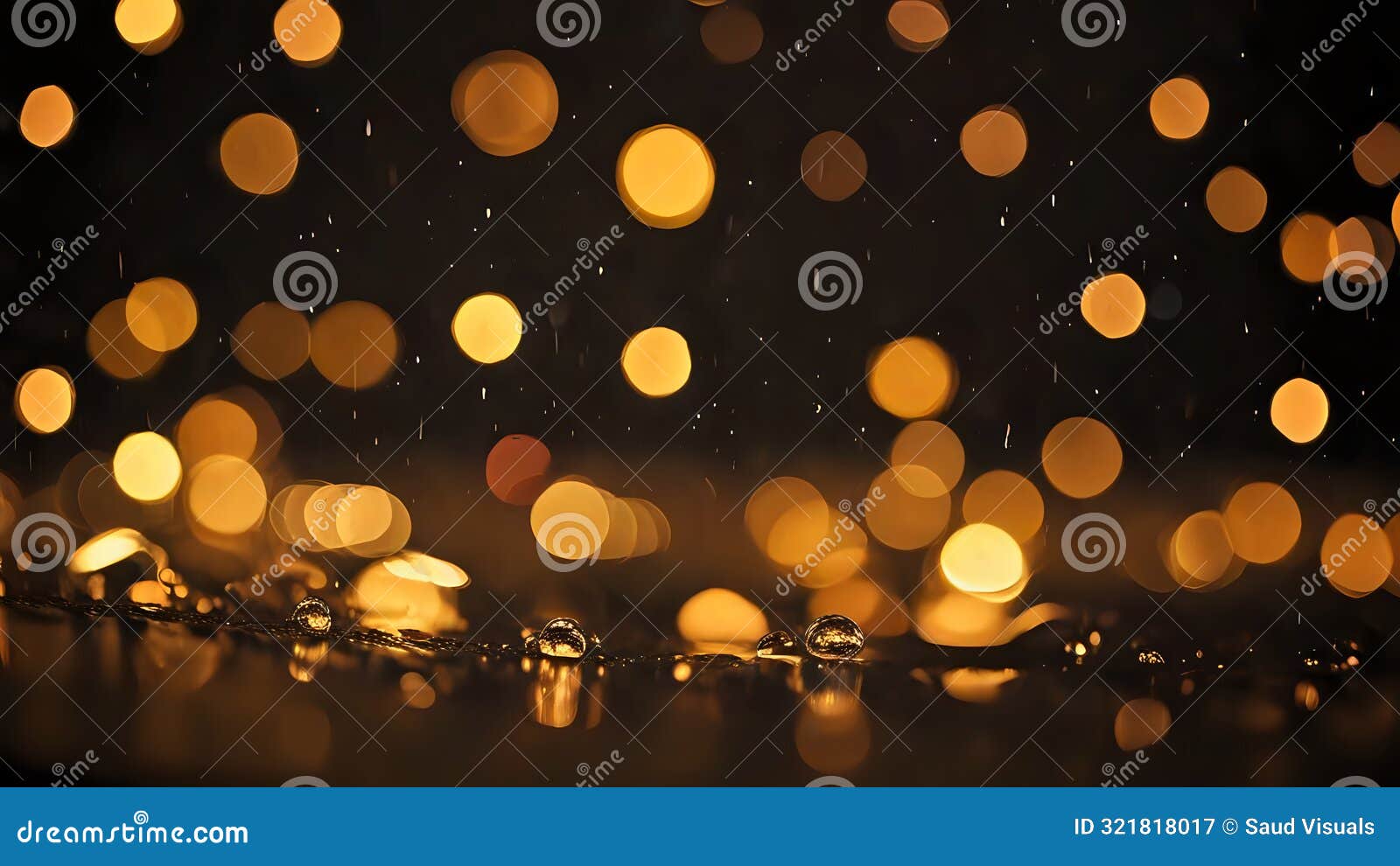 gold colored glowing glow bokeh reflecting on water at night with blurred particles and lights. abstract bokeh blurred background