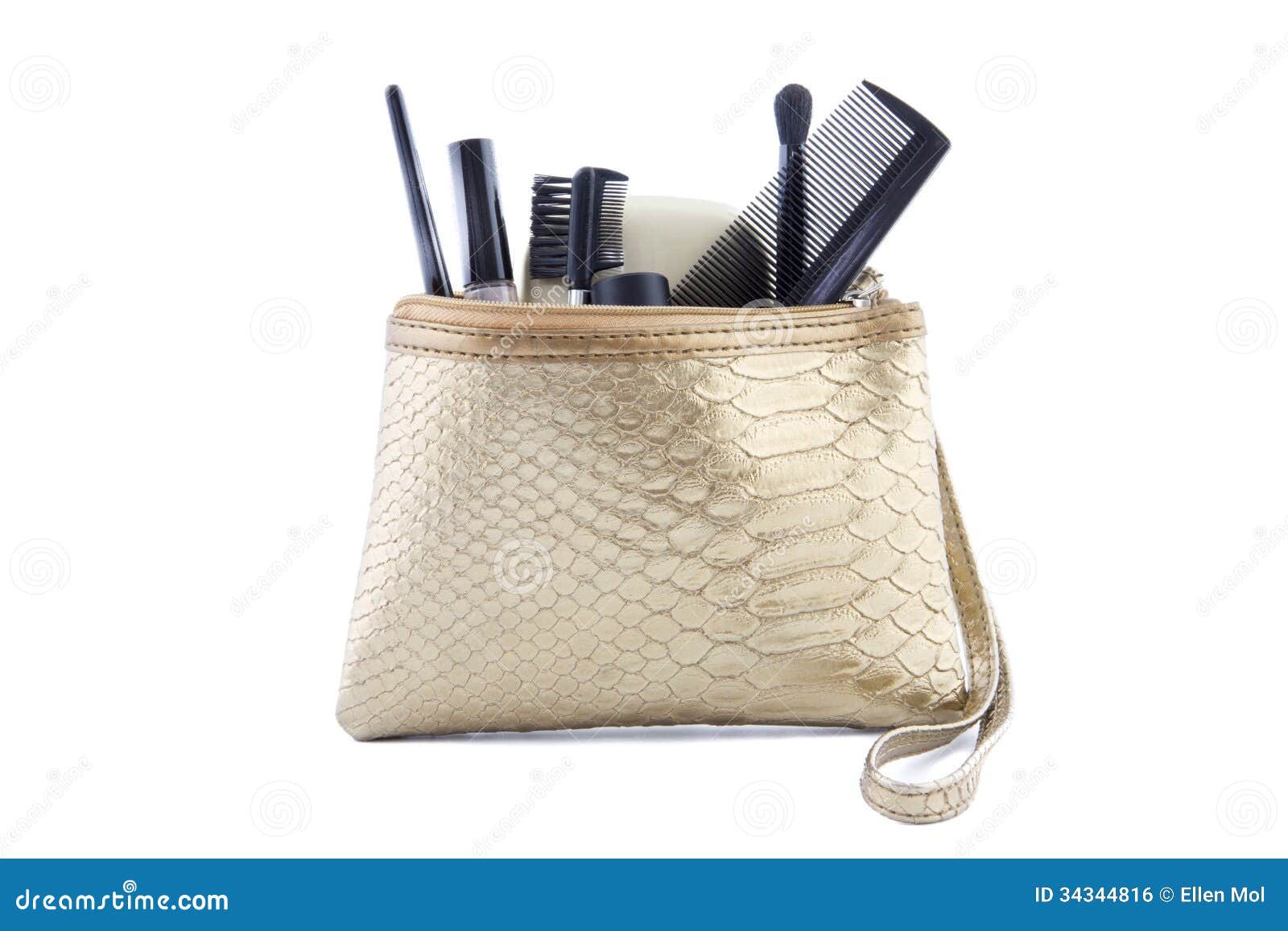 Gold Colored Makeup Bag with Makeup Stock Photo Image of beauty
