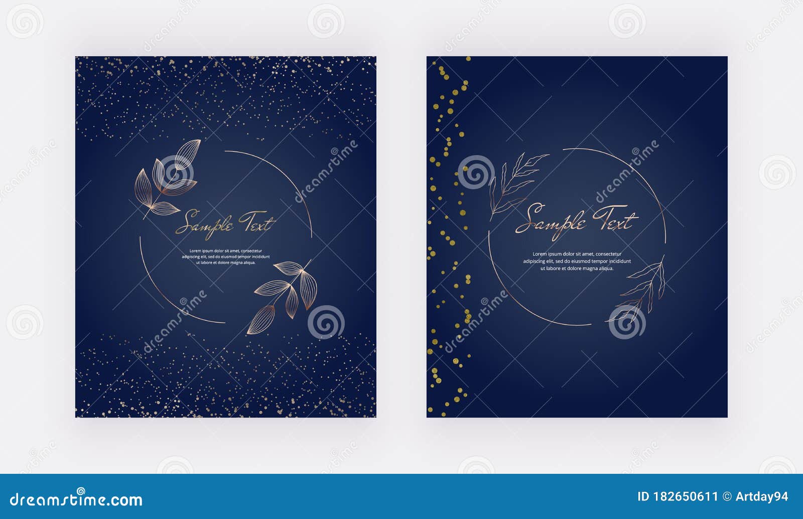Gold Confetti on the Dark Blue Background with Botanical Lines Frame ...