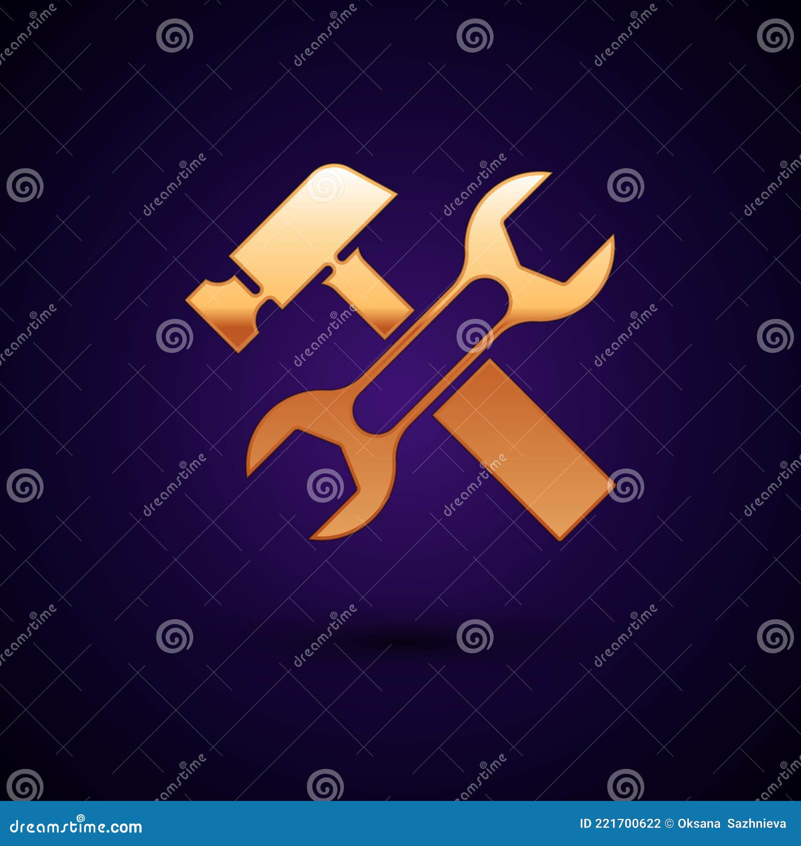 Gold Crossed Hammer and Wrench Spanner Icon Isolated on Black