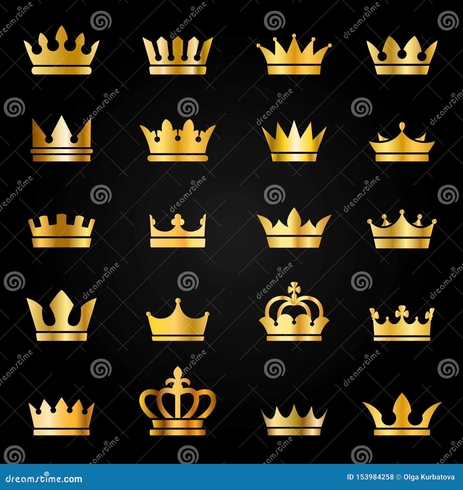 gold crown icons. queen king crowns luxury royal on blackboard, crowning tiara heraldic winner award jewel  set