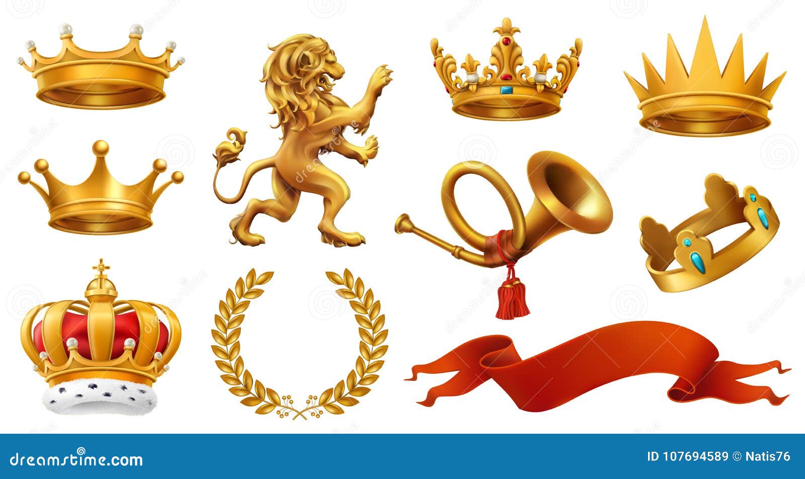 gold crown of the king. laurel wreath, trumpet, lion, ribbon.  icon set