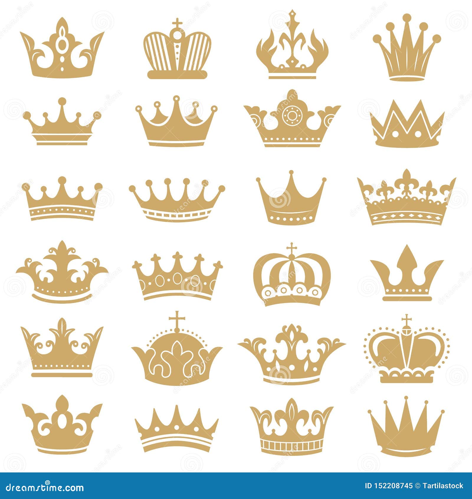 gold crown silhouette. royal crowns, coronation king and luxury queen tiara silhouettes icons  set