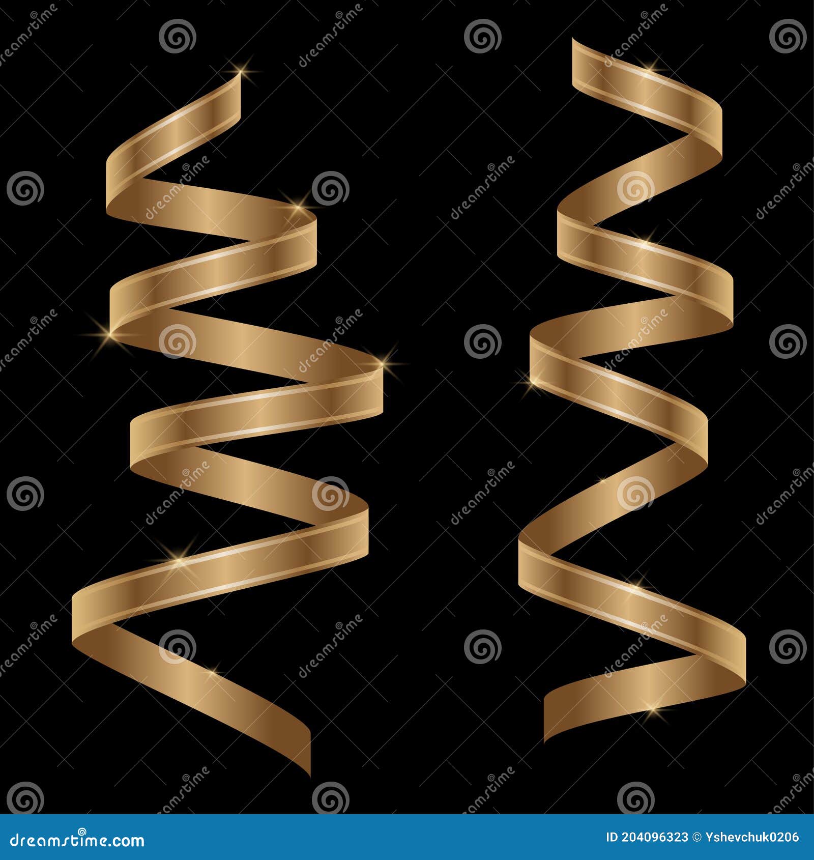 Gold curly ribbon serpentine confetti. Golden streamers set on