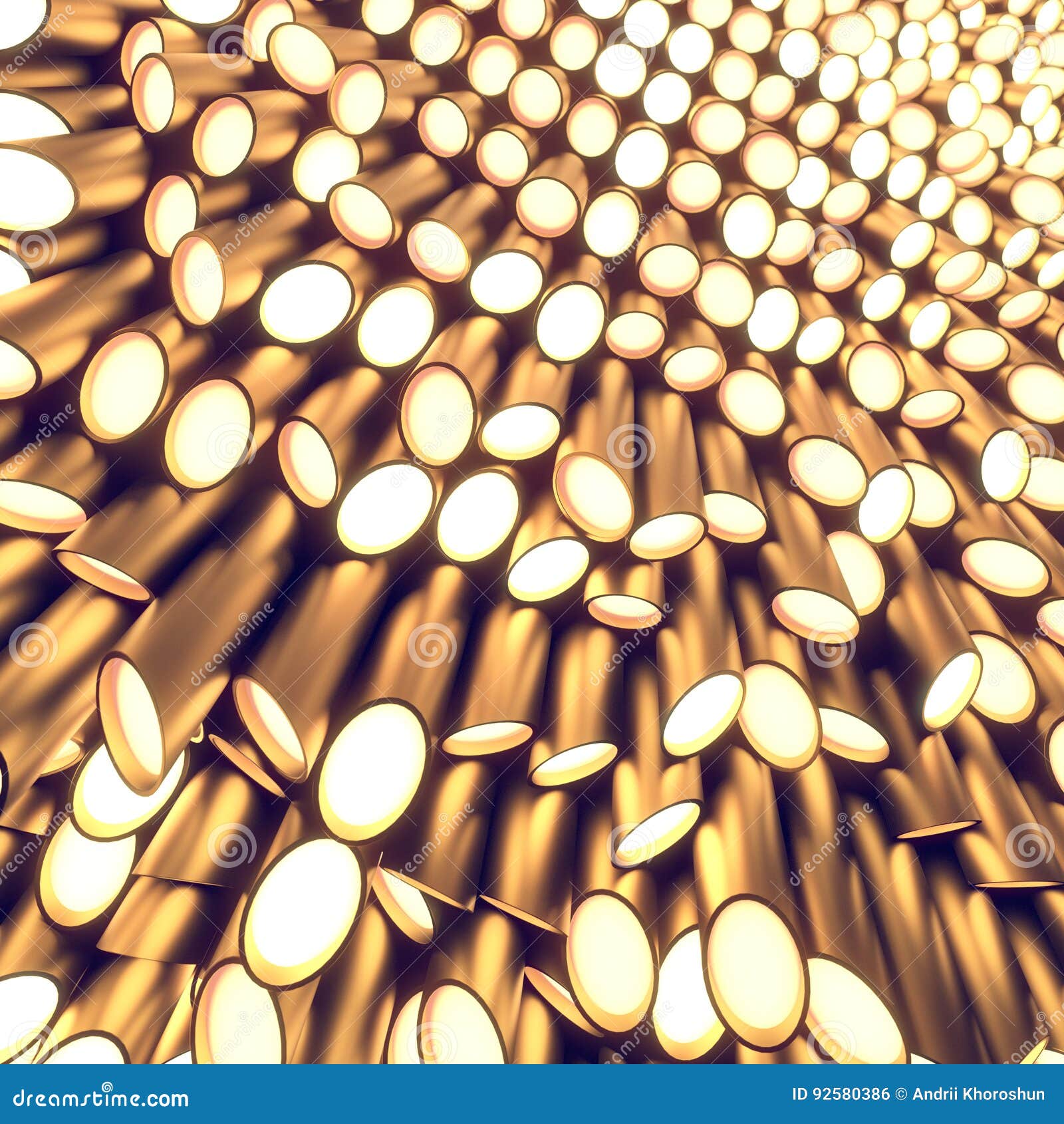 Gold Cylinders with Lamps at the Ends. 3d Rendering Stock Illustration