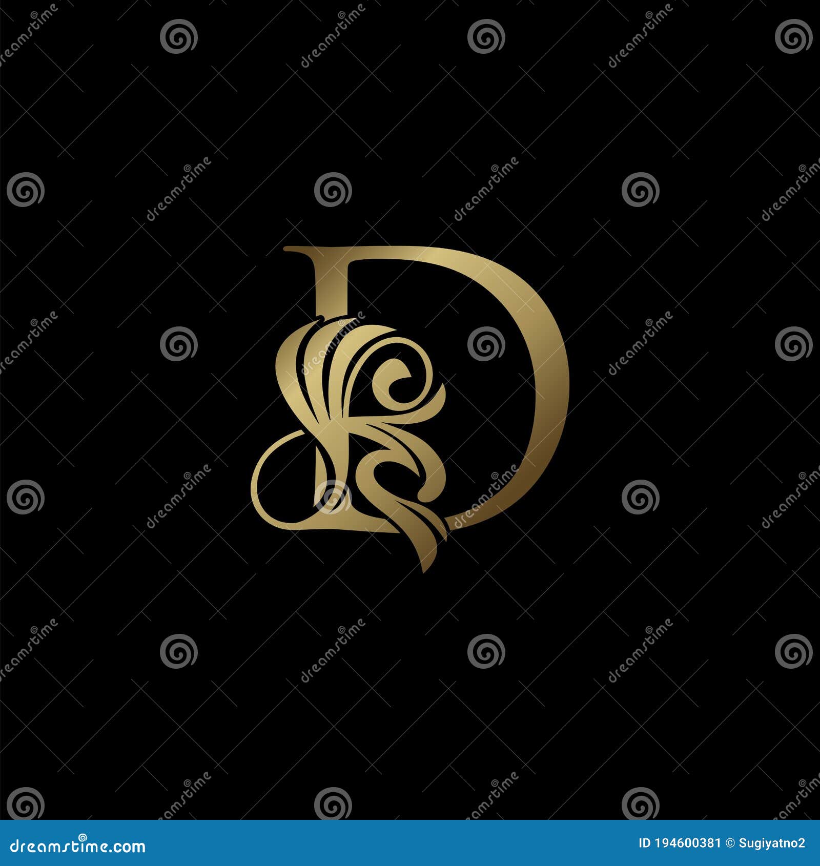 Gold Deco Luxury D Letter Initial Logo Icon, Monogram Ornate Swirl Wing ...