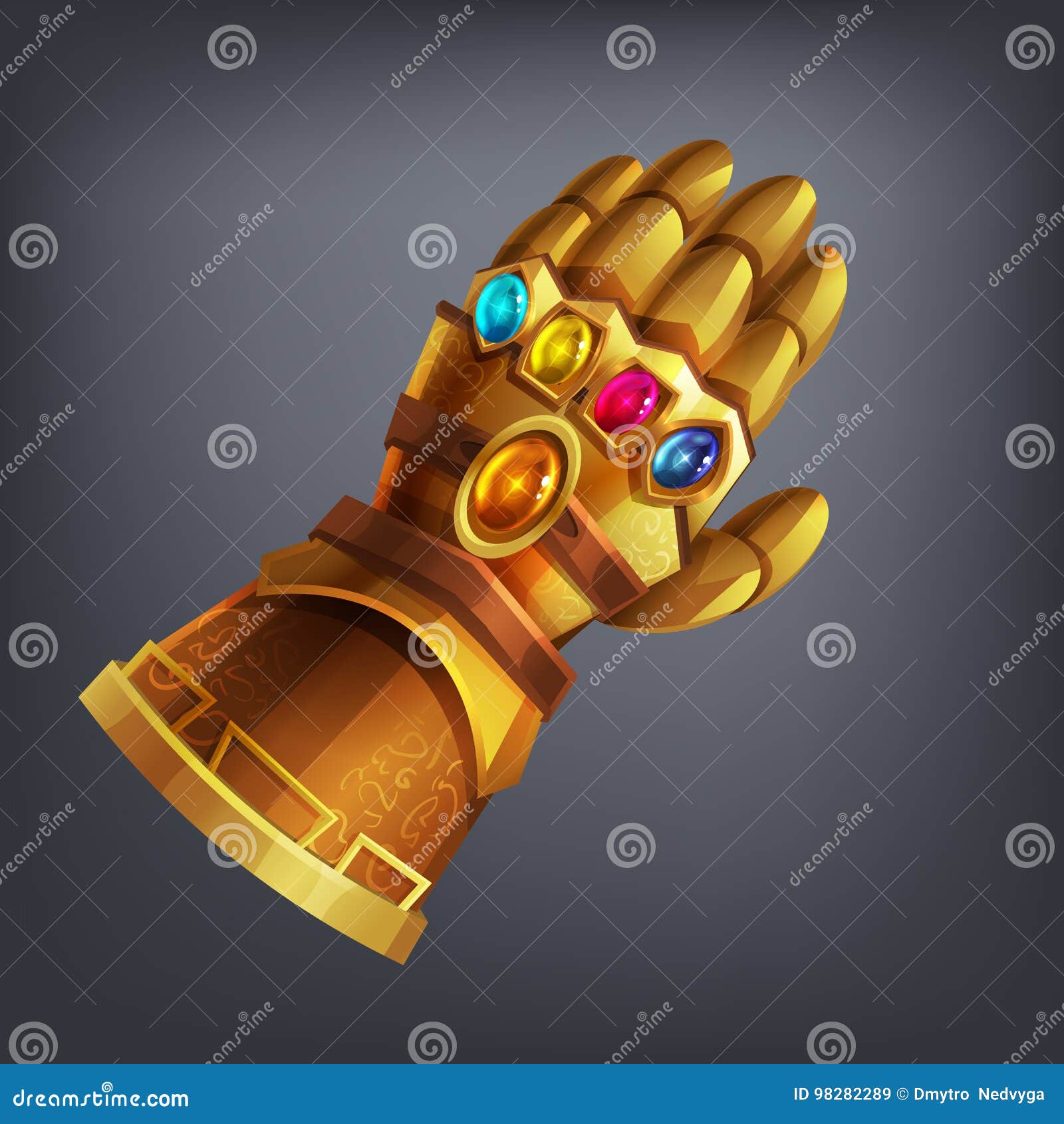 gold fantasy armor hand glove with cosmic gems for game or cards.