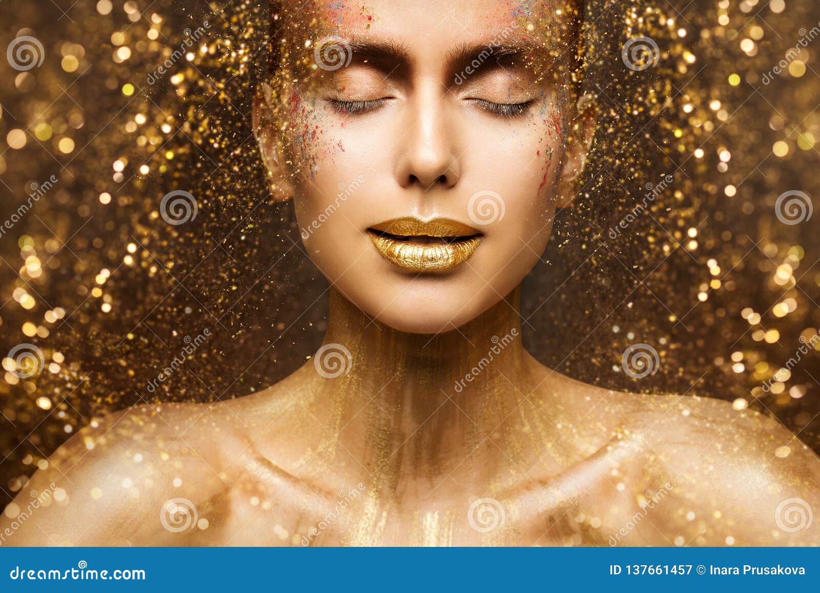 Brunette Woman In Gold Body Paint, Profile View Image & Design ID