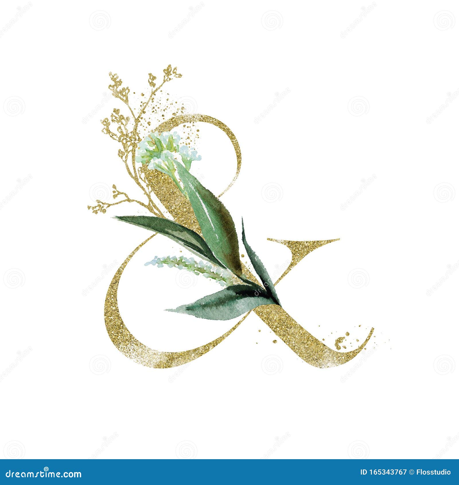 gold floral alphabet - ampersand & with botanic branch bouquet composition. unique collection for wedding invites decoration &