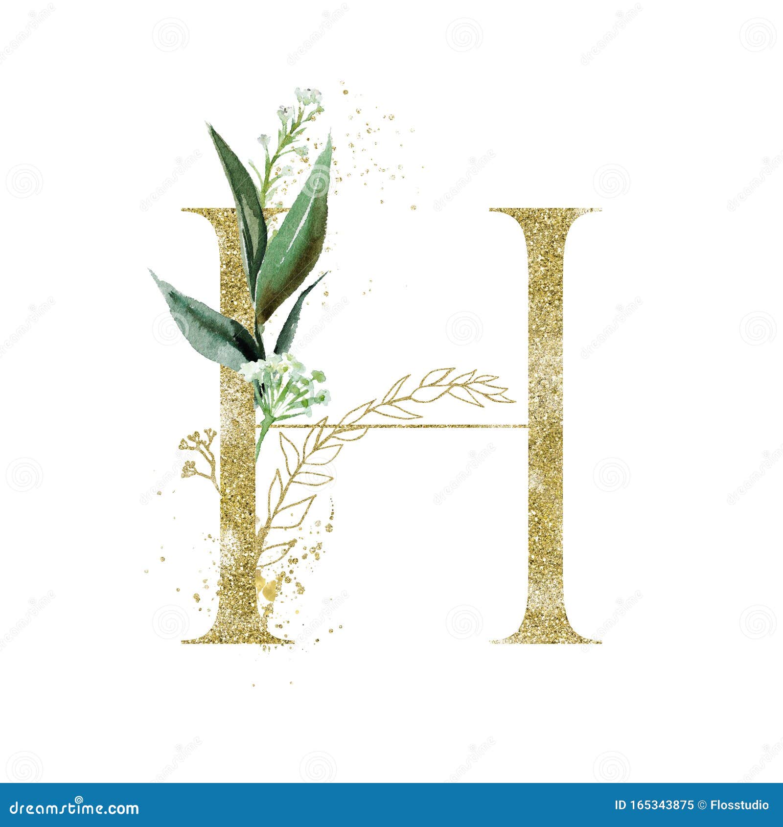 gold floral alphabet - letter h with botanic branch bouquet composition. unique collection for wedding invites decoration & other