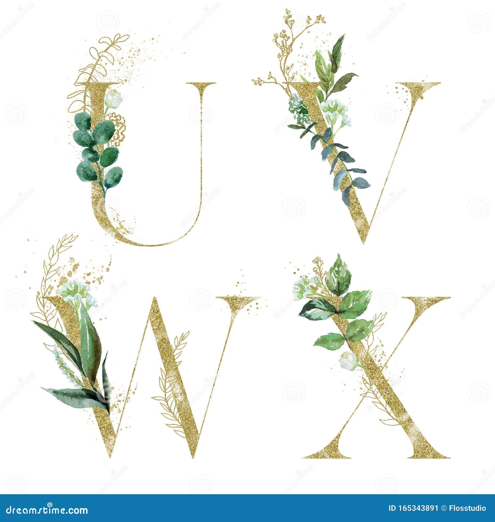 Floral gold alphabet, letter u with watercolor flowers and leaves