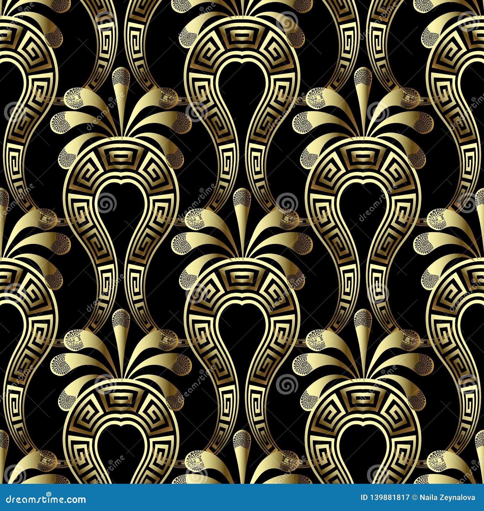 gold floral 3d gree  seamless pattern. ethnic style arabesque background with paisley flowers. greek key meanders vintage