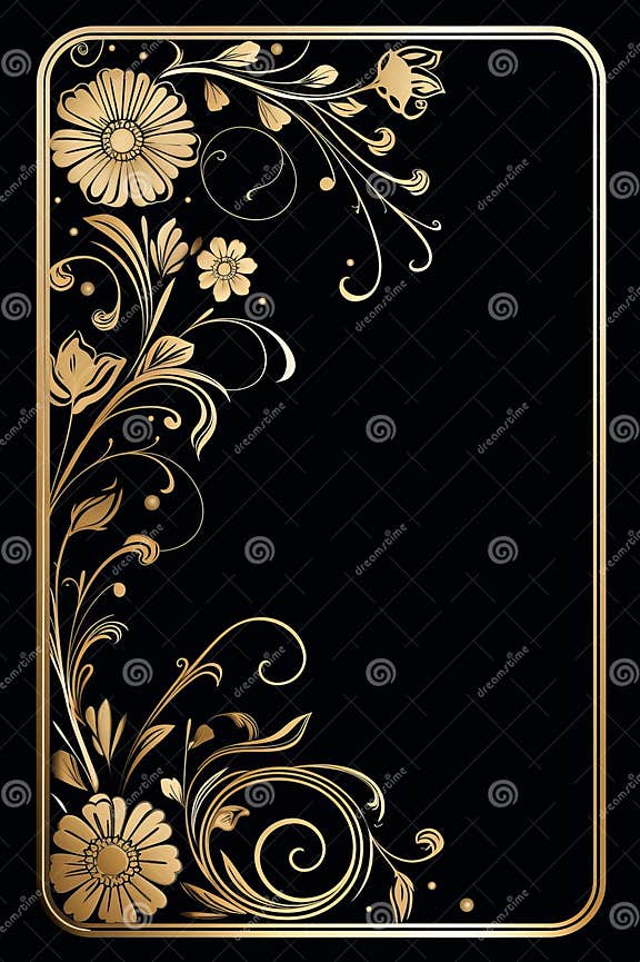Gold Floral Frame on Black Background Vector Stock Illustration