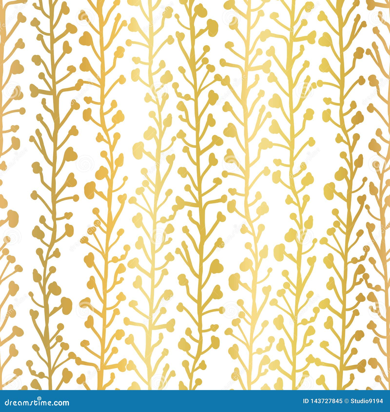 Gold Foil Nature Background. Seamless Vector Pattern of Abstract Plants