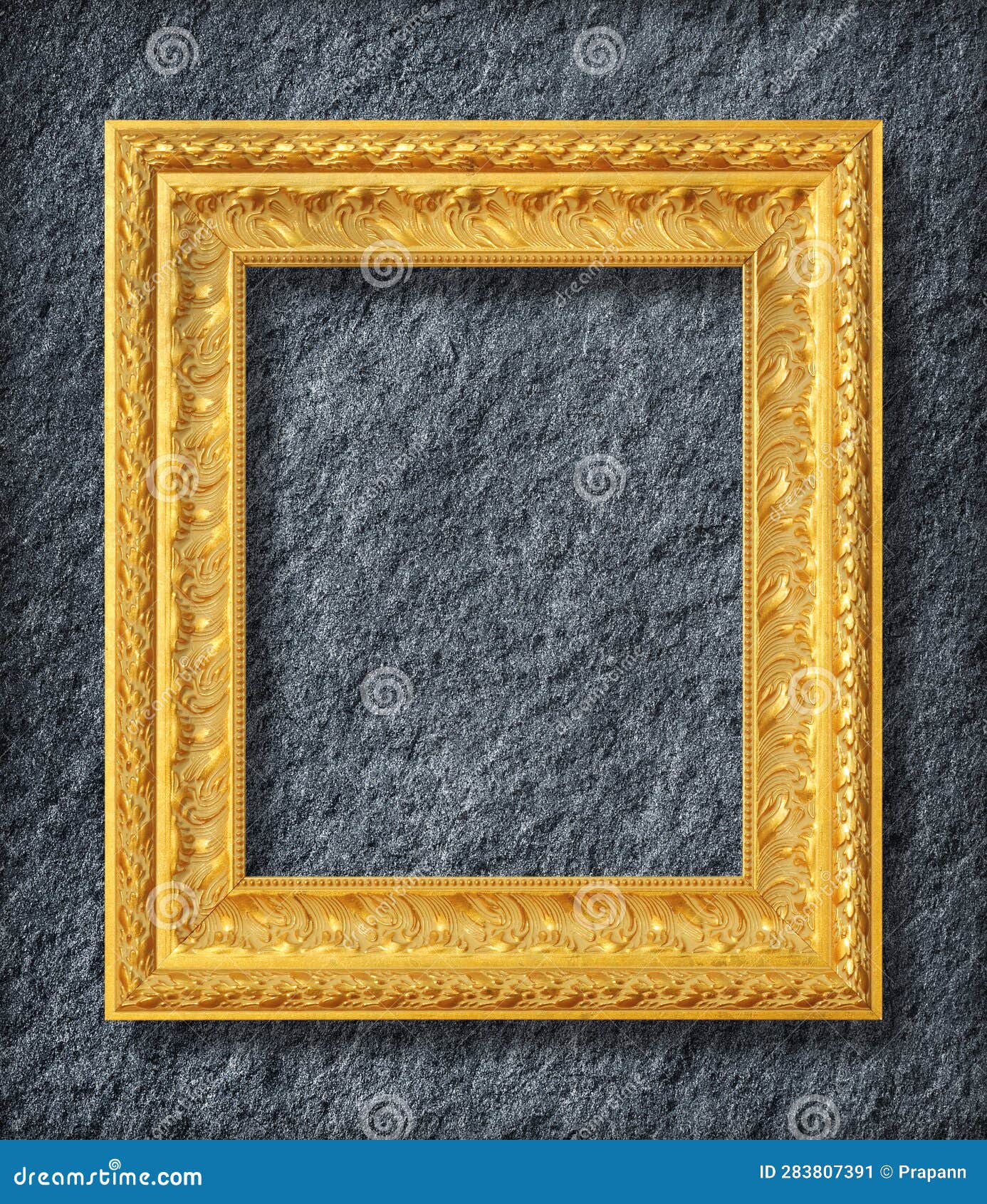 Gold Frame on Dark Grey Black Slate Background or Texture Stock Image