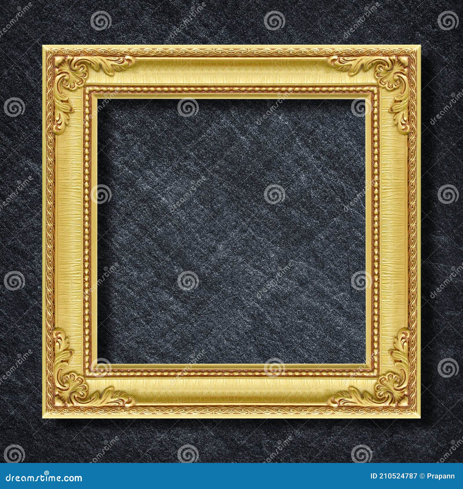 Gold Frame on Dark Grey Black Slate Background or Texture Stock Image