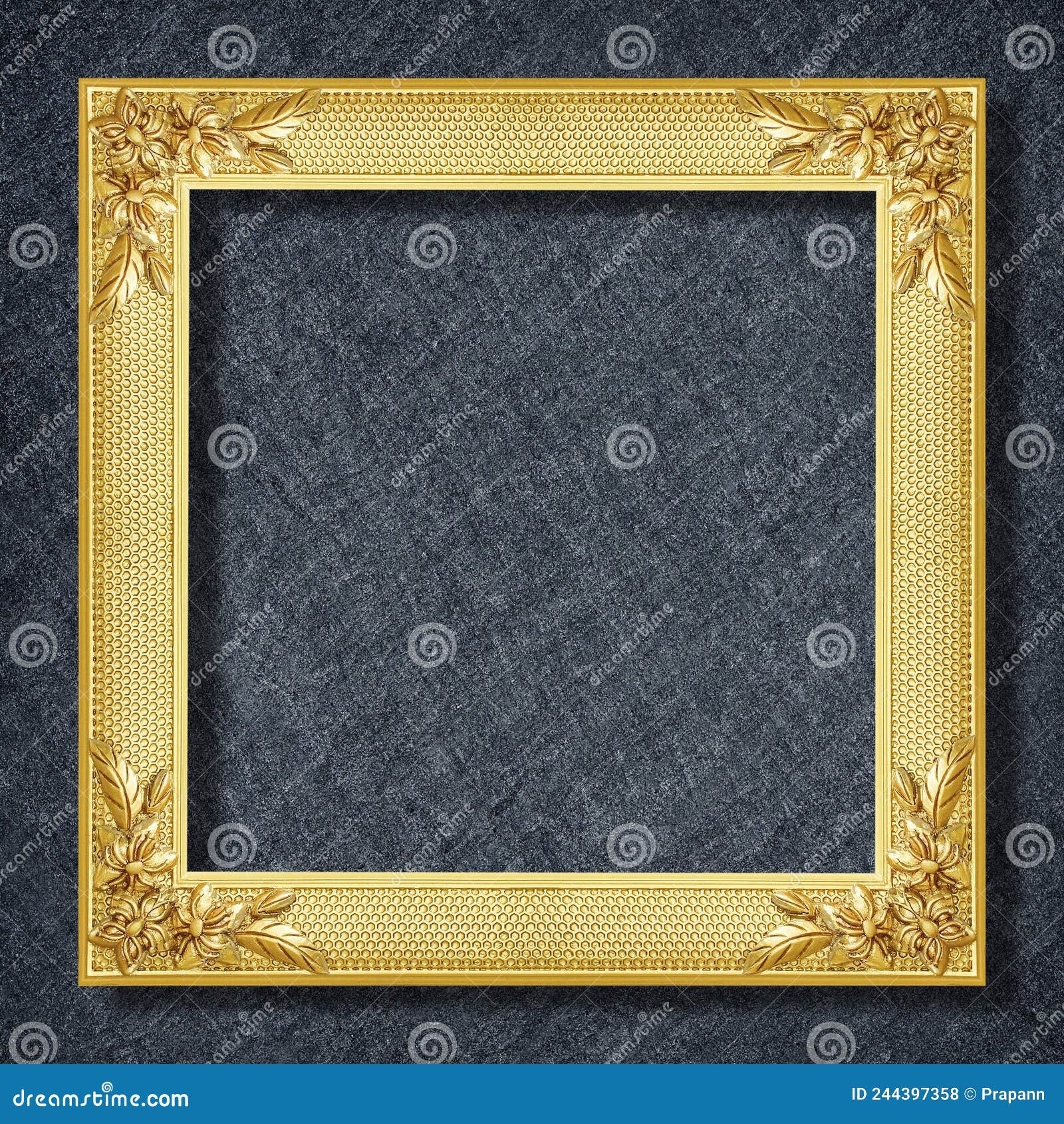 A Golden Unique Frame on Dark Grey Black Slate Background or Texture