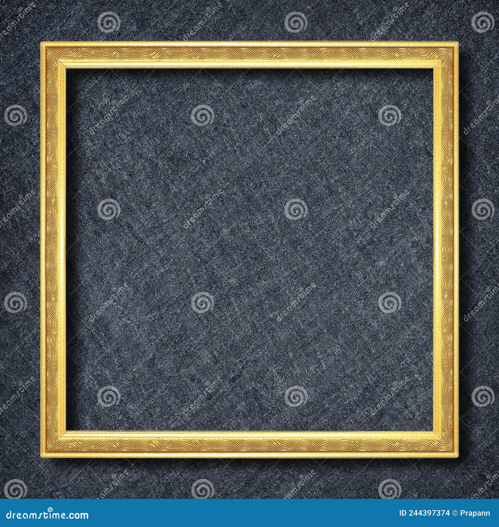 A Golden Frame on Dark Grey Black Slate Background or Texture Stock