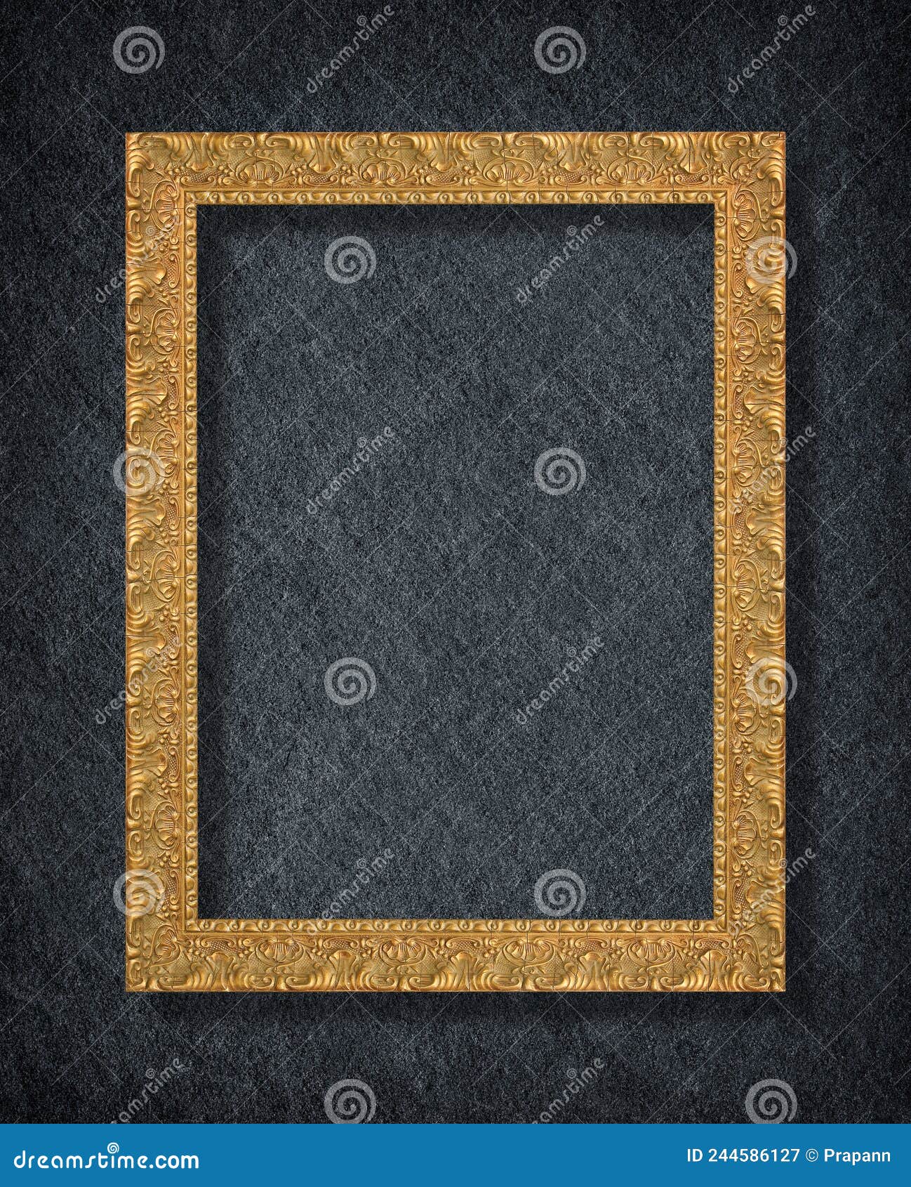 A Golden Frame on Dark Grey Black Slate Background or Texture Stock