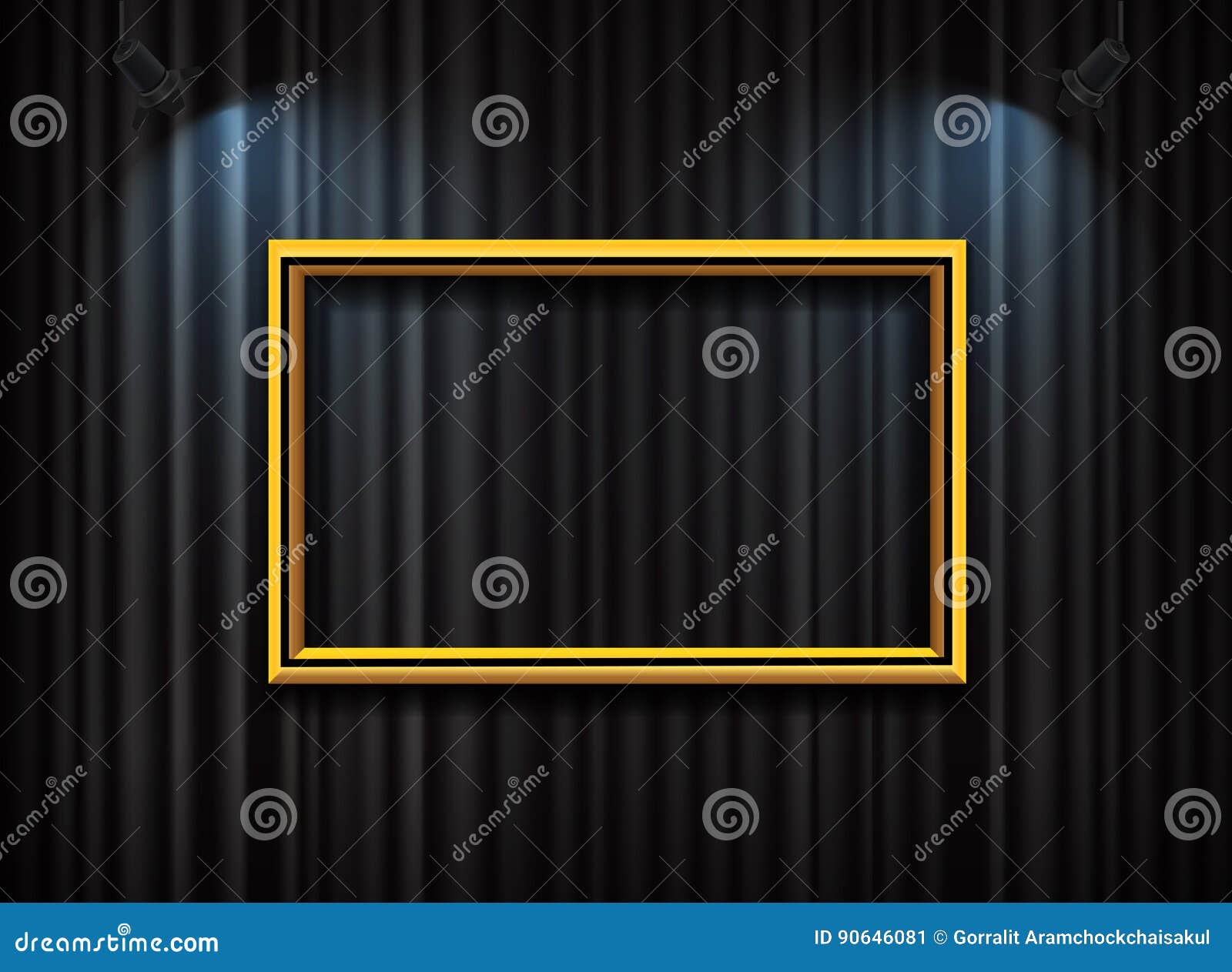 Gold Frame with Spotlight on Curtain Background Vector Stock Vector