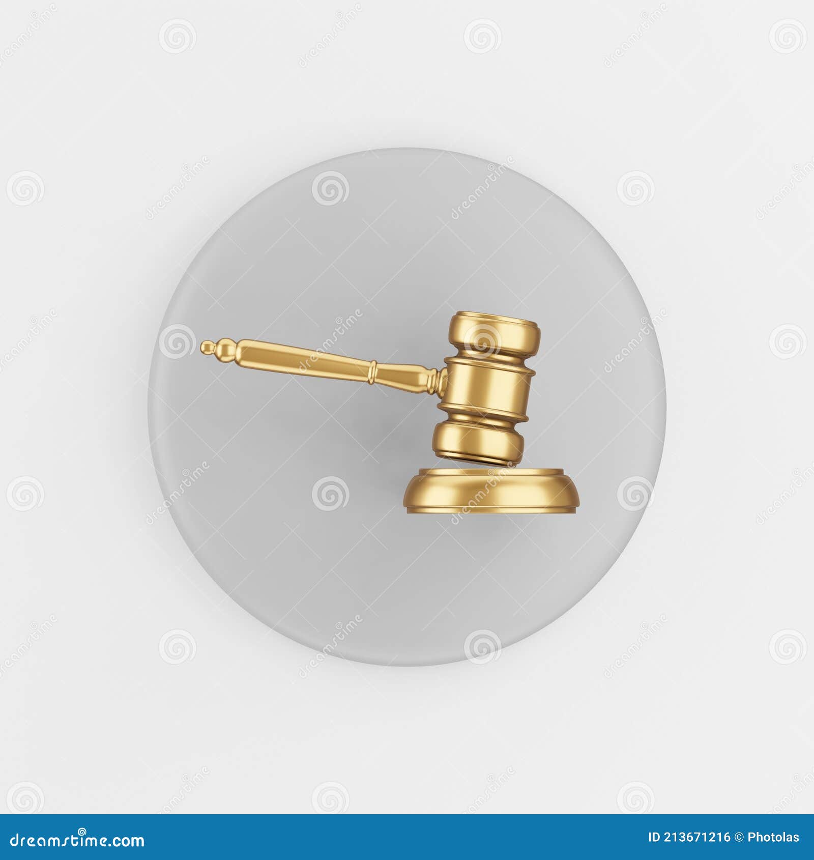 Gold Gavel Judge Icon. 3d Rendering Round Gray Key Button, Interface Ui