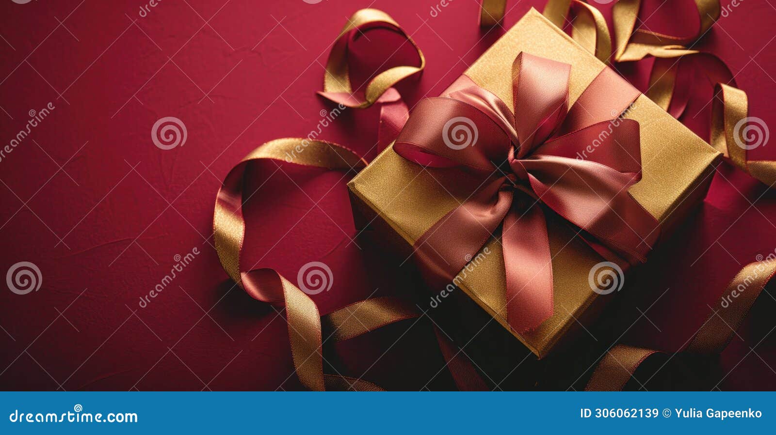 gold gift box, ribbon on rudo red background