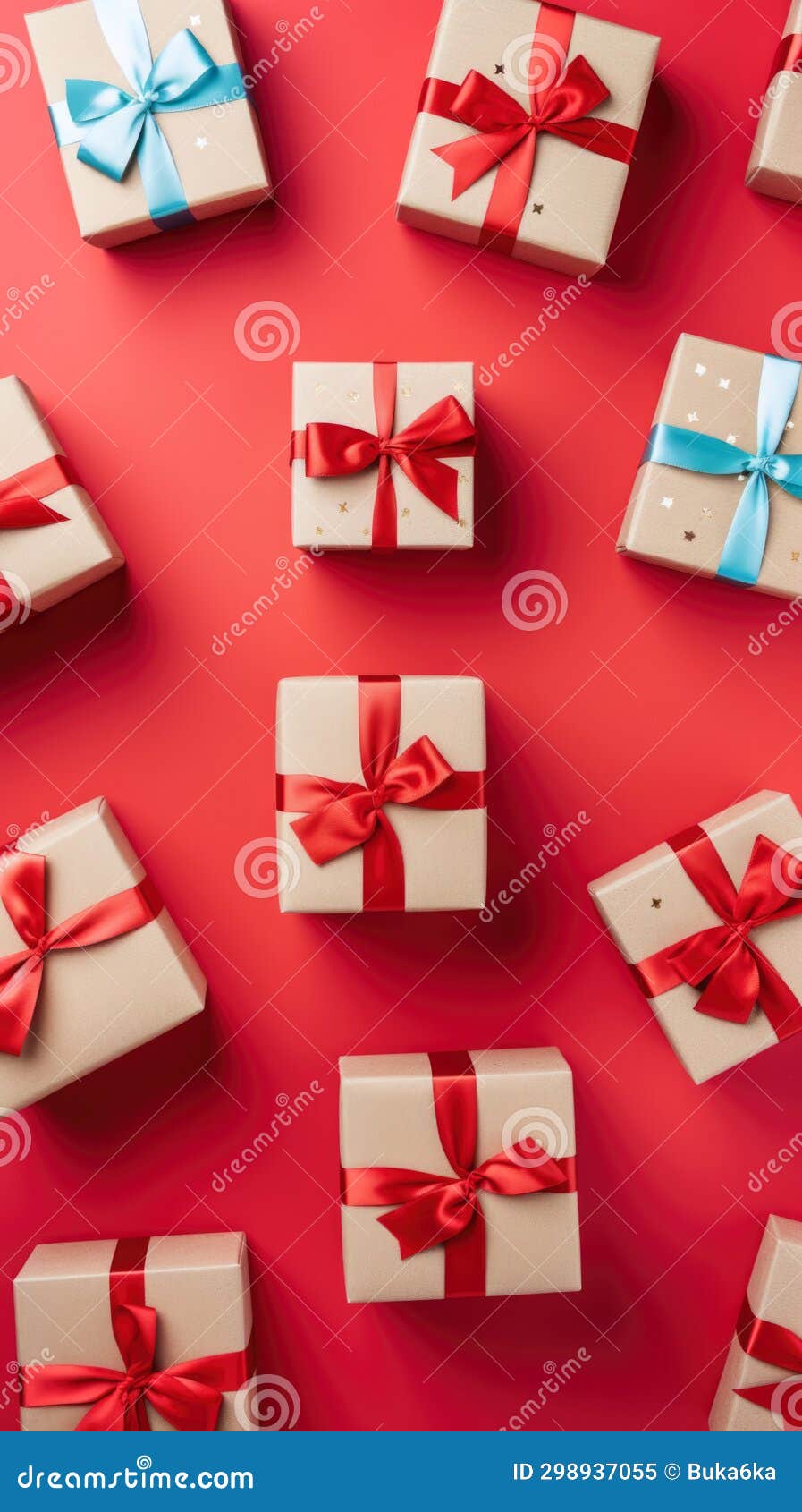 Gold Gift Boxes on a Solid Red Vertical Background Stock Illustration