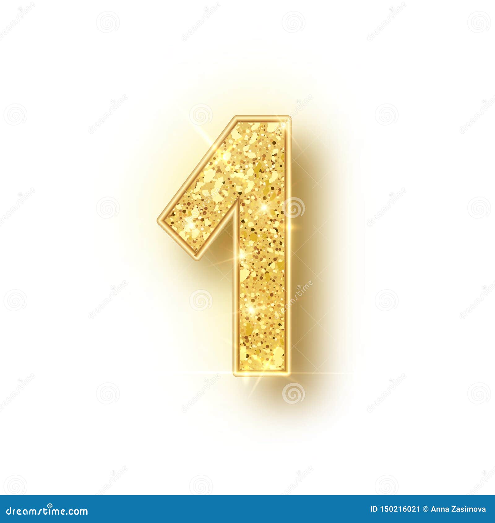 Gold Glitter Alphabet Numbers 1 with Shadow. Vector Realistick Shining