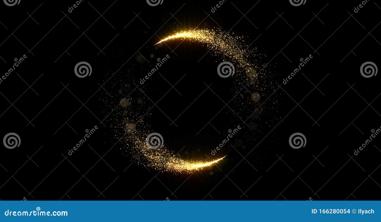 gold glitter circle trails, glittering light shine sparkles ring on black background. christmas and new year holiday magic glow
