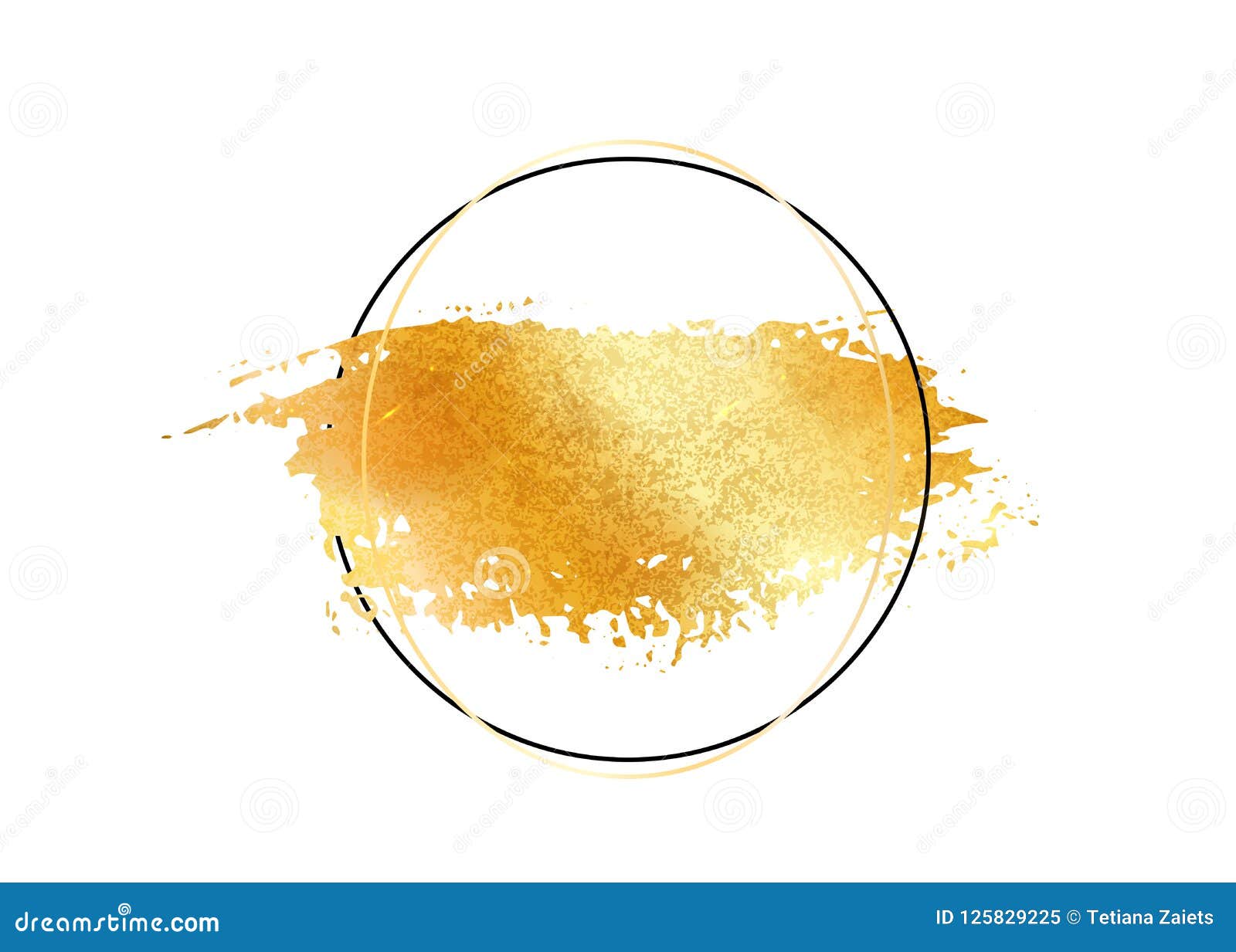 gold glitter foil brush stroke . golden paint smear with circle round border frame  on white. glow metal