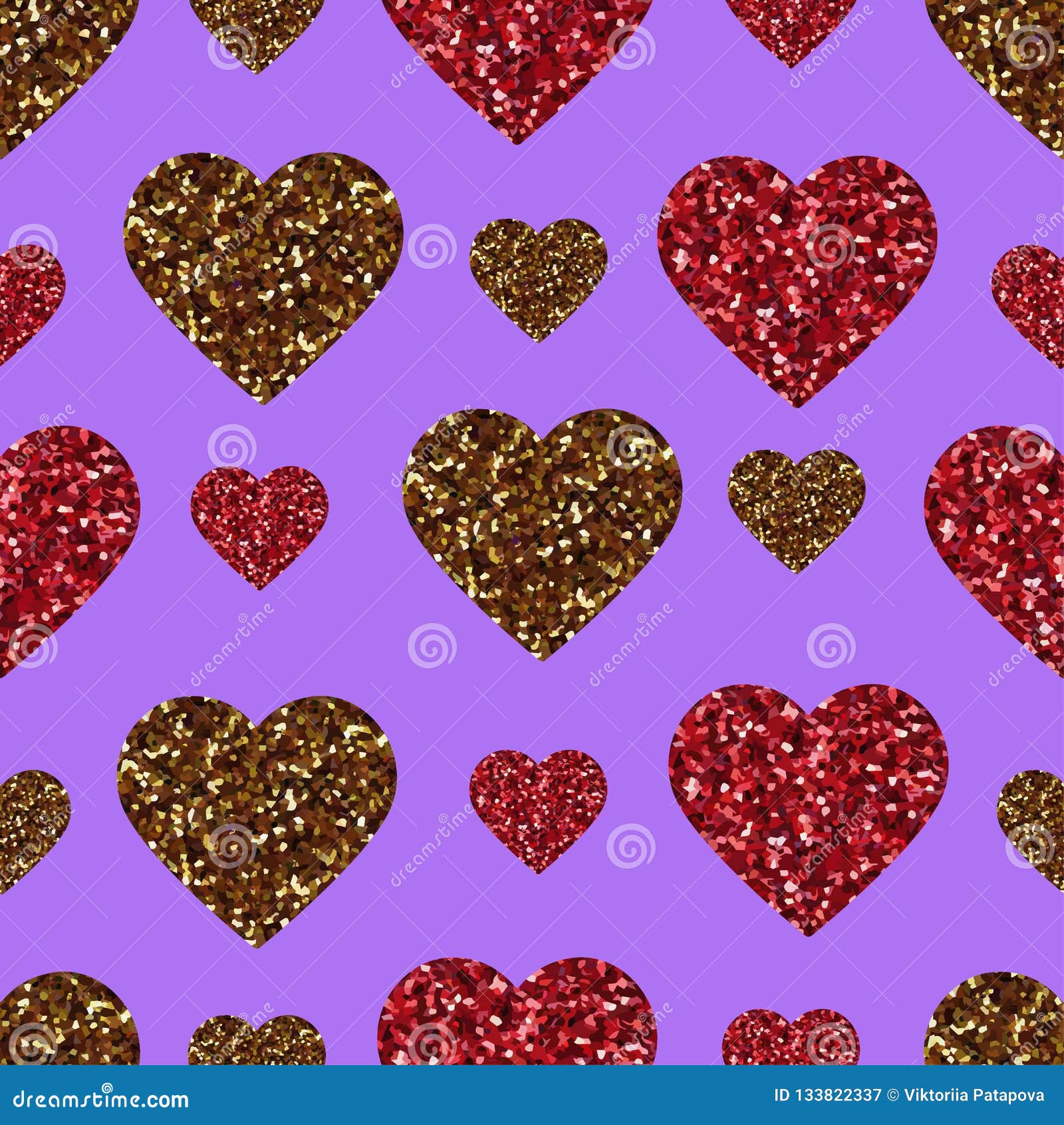 Gold Glitter Heart Seamless Pattern. Symbol of Love, Valentine Day