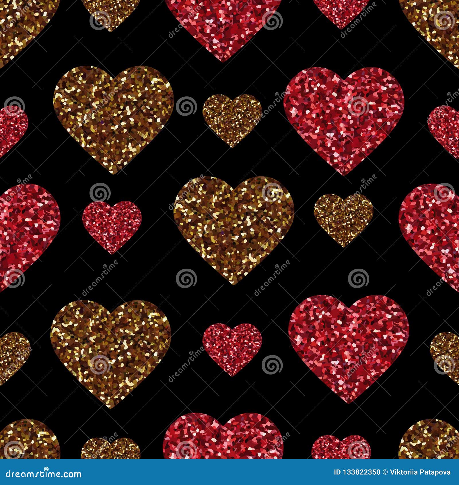 Seamless pattern background with gold glitter hearts. Vector