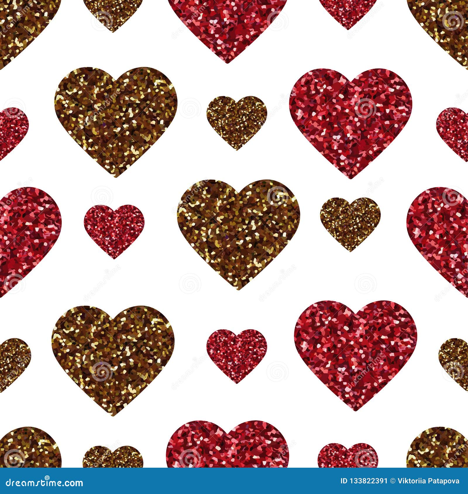 Gold Glitter Heart Seamless Pattern. Symbol of Love, Valentine Day