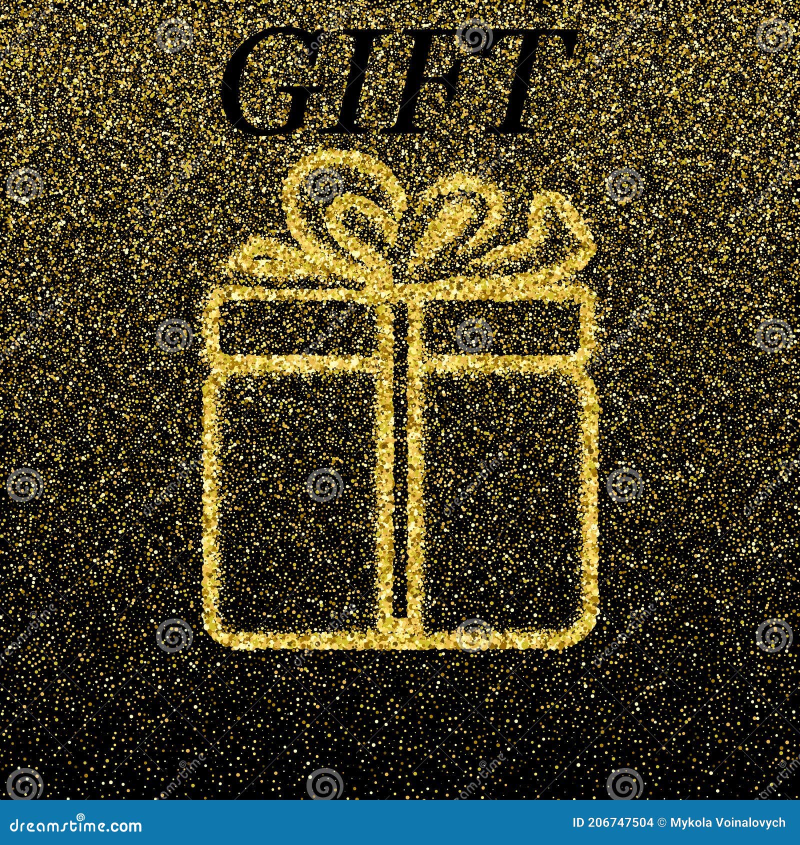 Gold Glitter Vector Icon of Gift Box Isolated on Black Background. Art