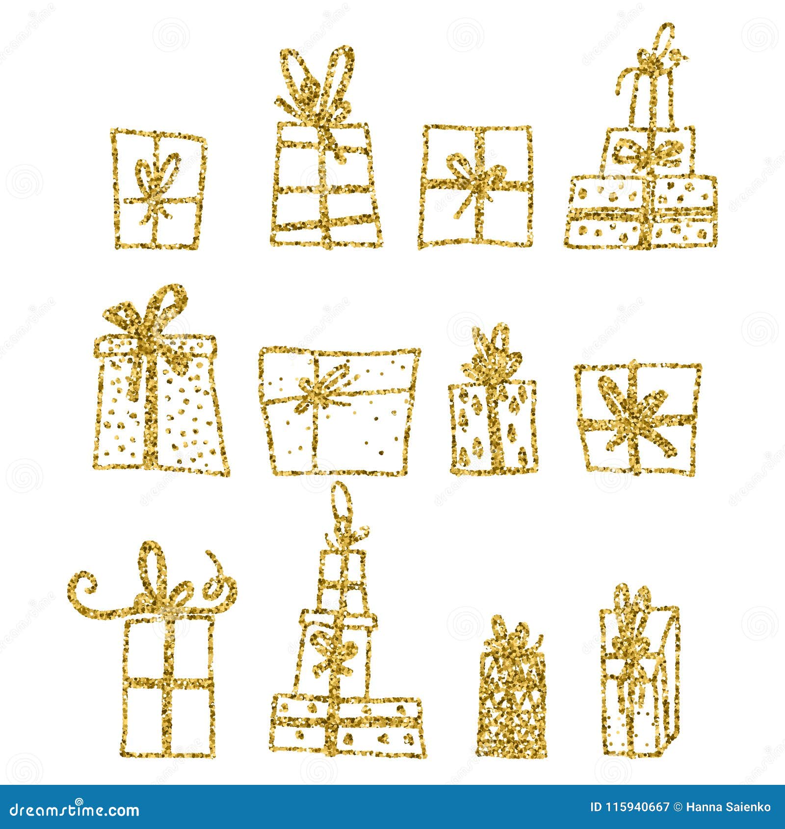 Gold Glitter Vector Set of Chistmas Gift Box Isolated on Background