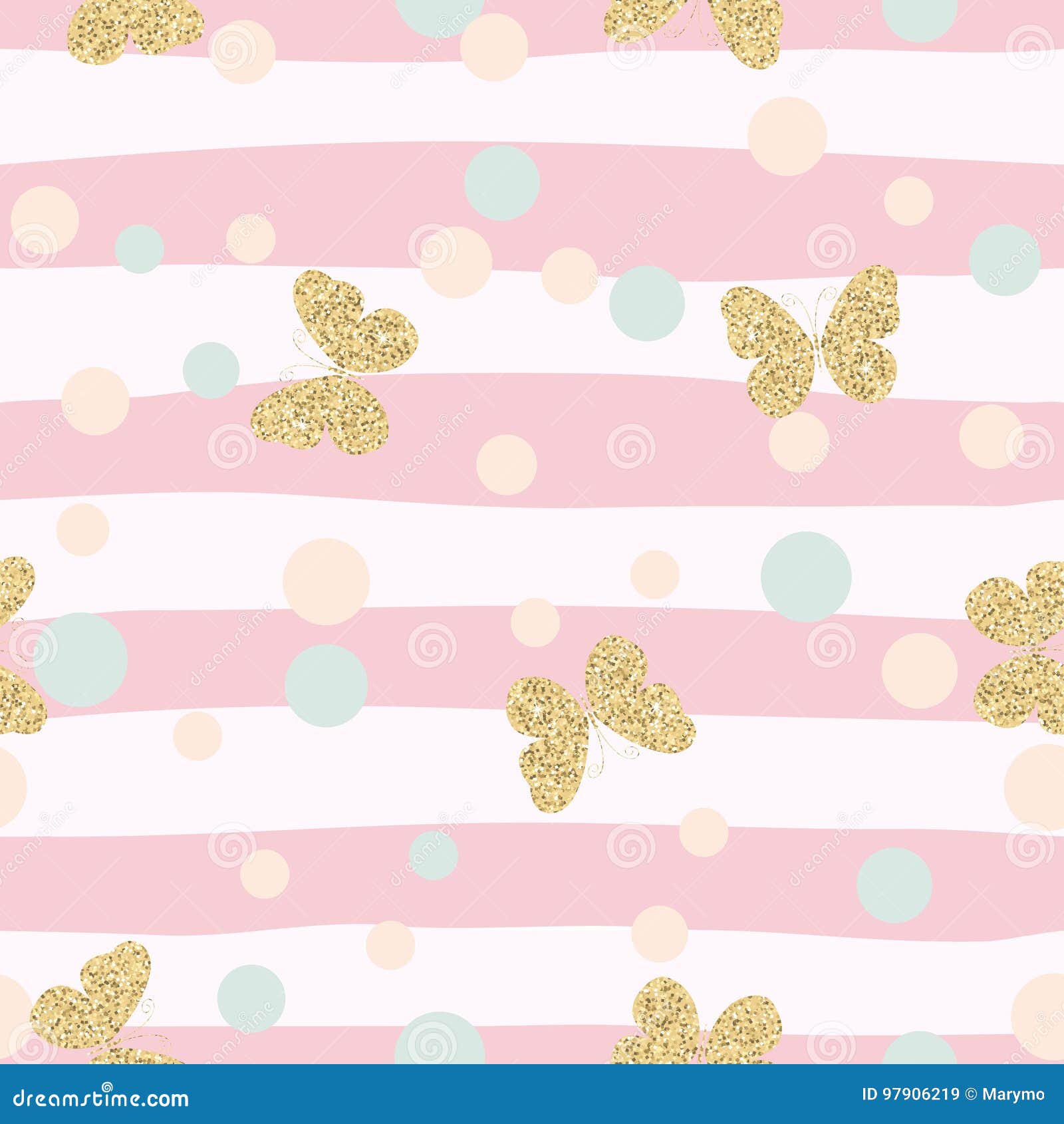 Gold Glittering Butterflies Confetti Seamless Pattern on Pink Striped Background. Stock Vector