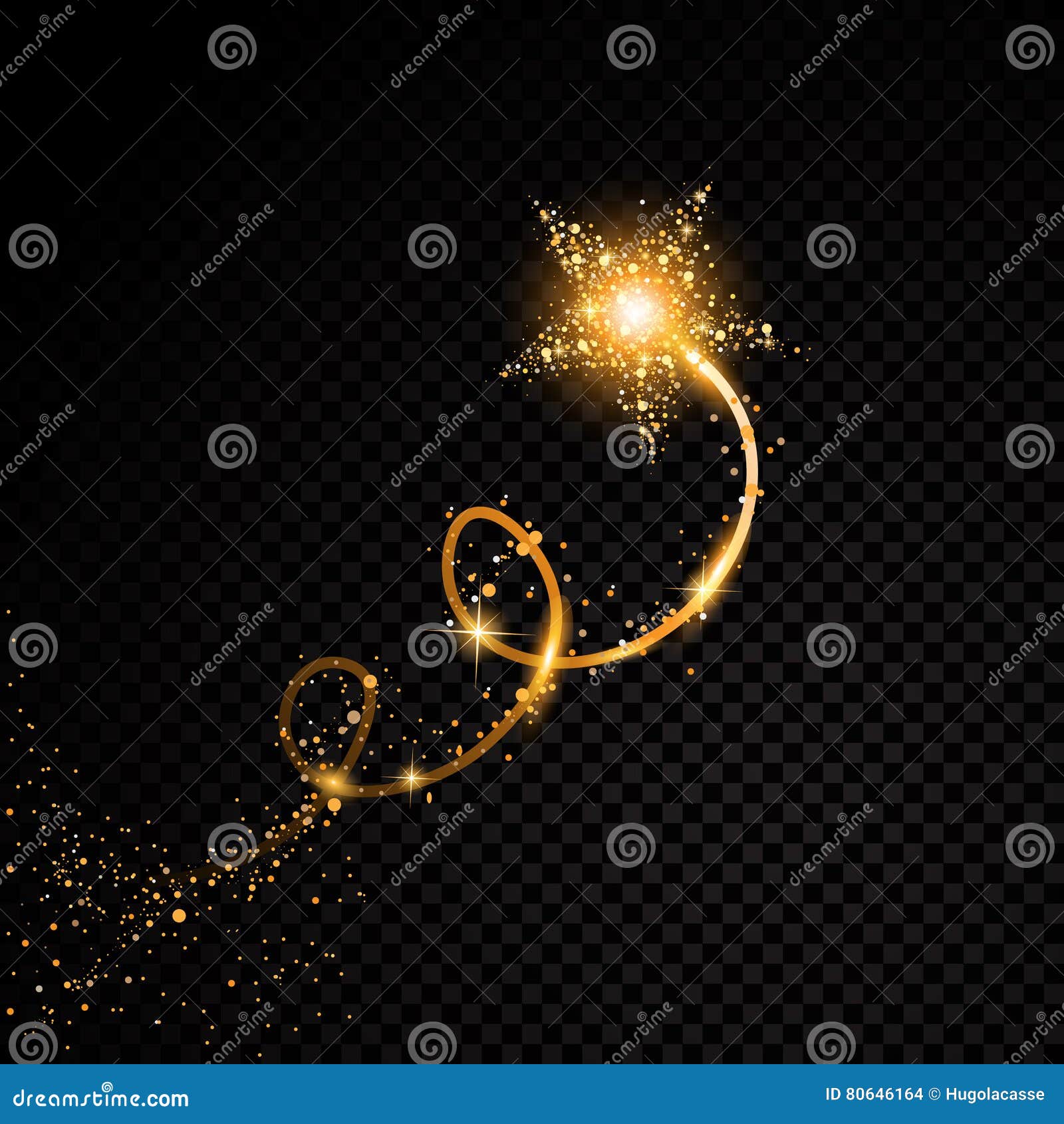 gold glittering spiral star dust trail sparkling particles on transparent background.