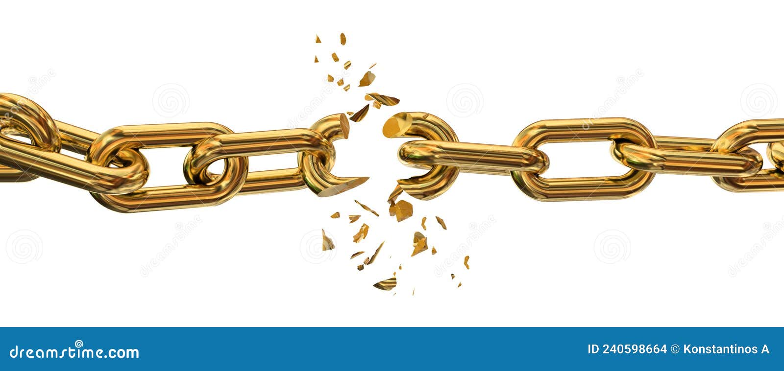 Gold Golden Chain Breaking Horizontal Isolated in White Background 3d