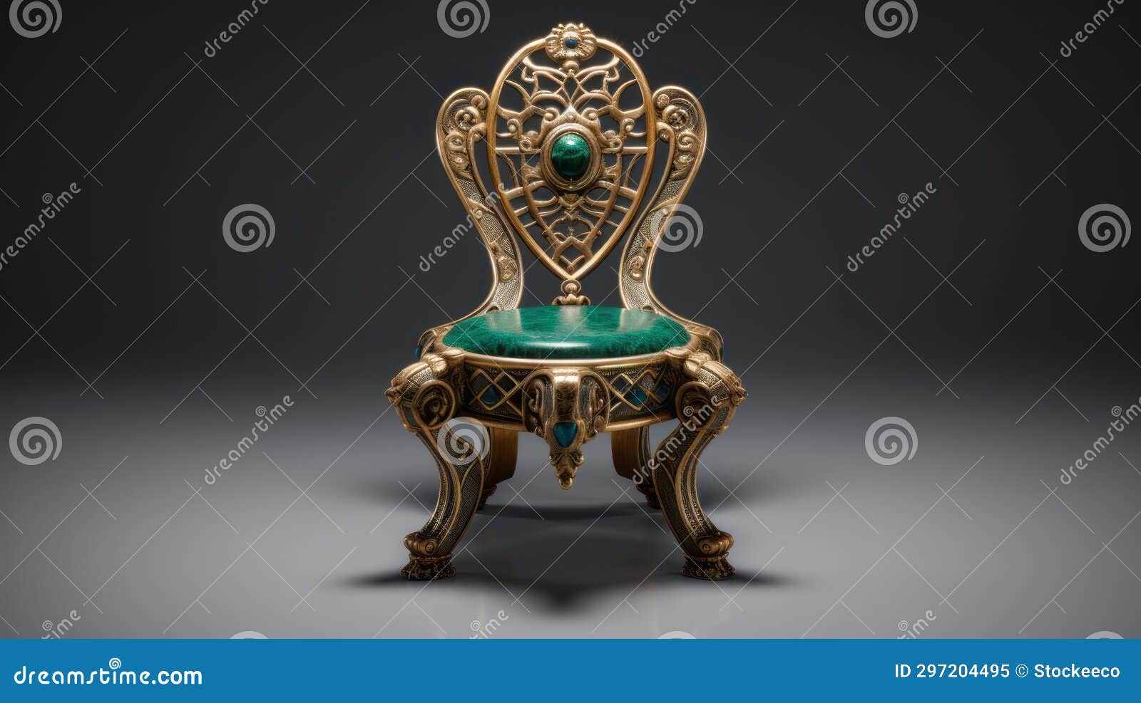exquisite gold and green chair with zbrush style and gemstone inlays
