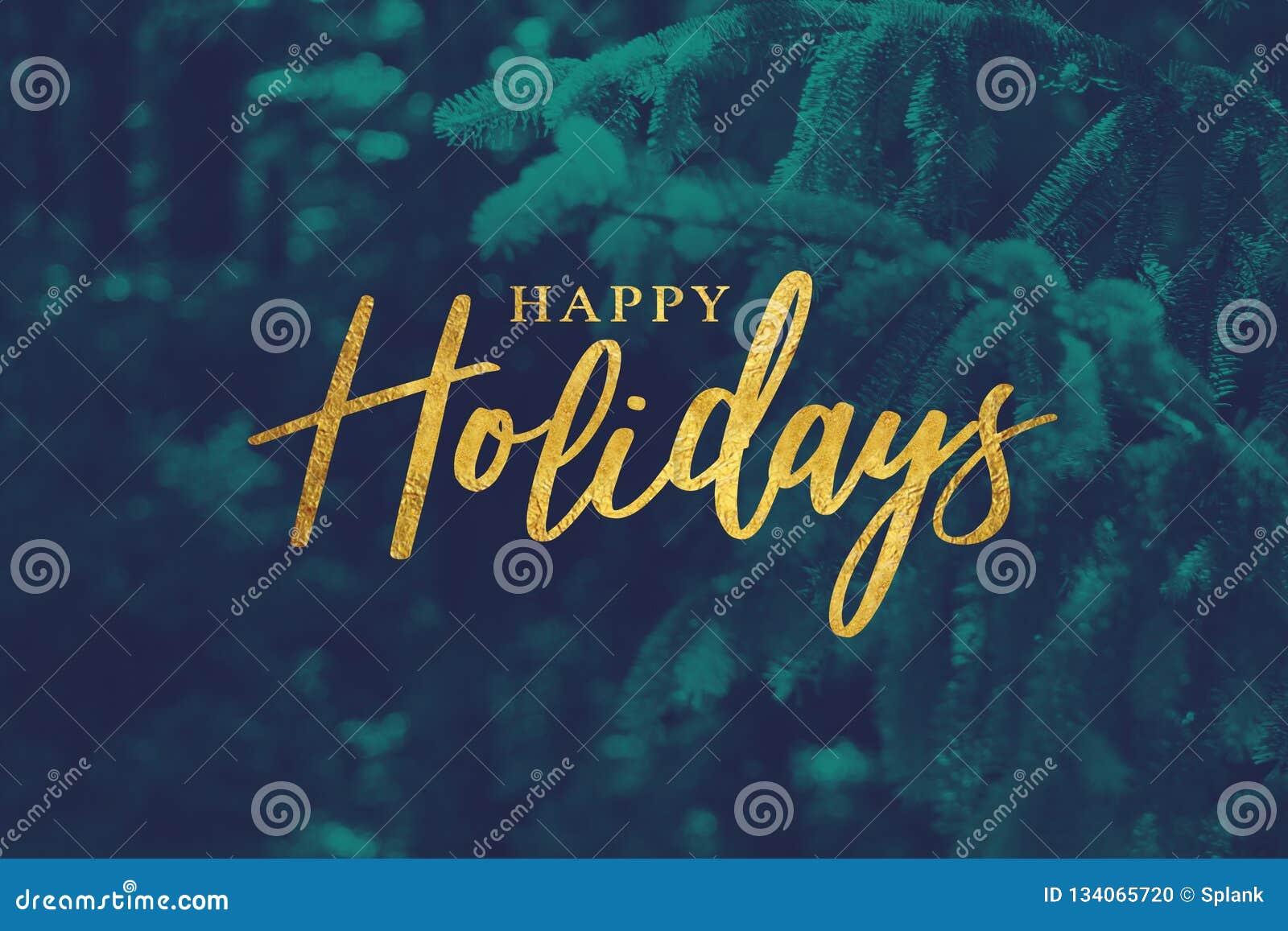 gold happy holidays script with duotone evergreen branches background